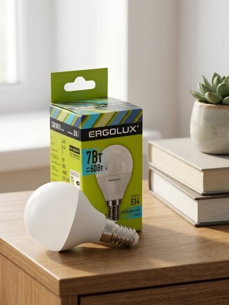 Лампа светодиодная E14, 7 Вт, 60 Вт, 220 В, шар, 4000 К, нейтральный белый свет, Ergolux, 12144