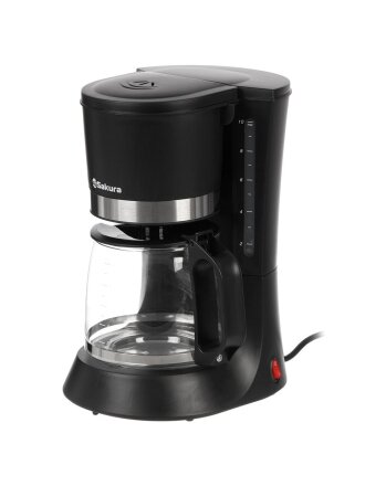 Кофеварка электрическая, капельная, металл, пластик, 1.2 л, Sakura, 700 Вт, черная, SA-6117BK