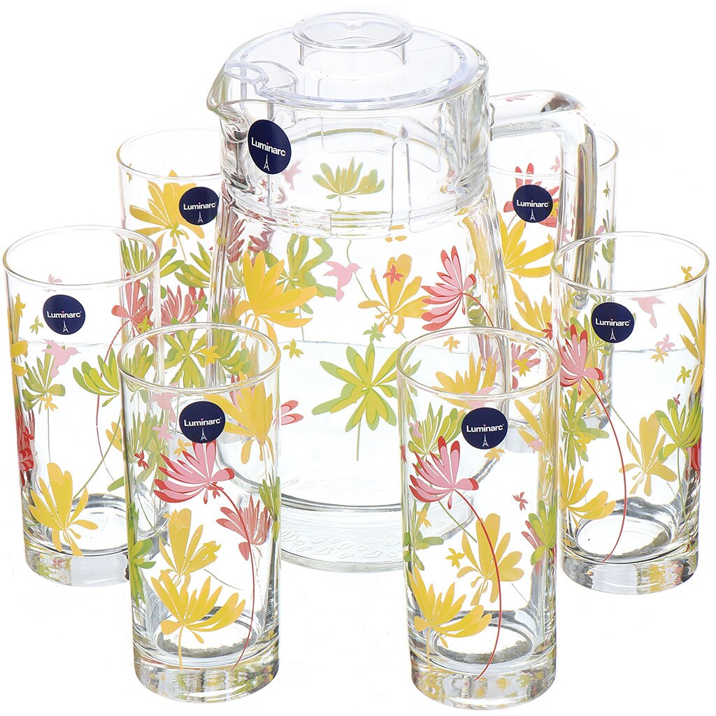 Набор для безалкогольных напитков Luminarc, 7 предметов (кувшин 1300 мл, стакан 270 мл 6 шт), Crazy flowers G4621