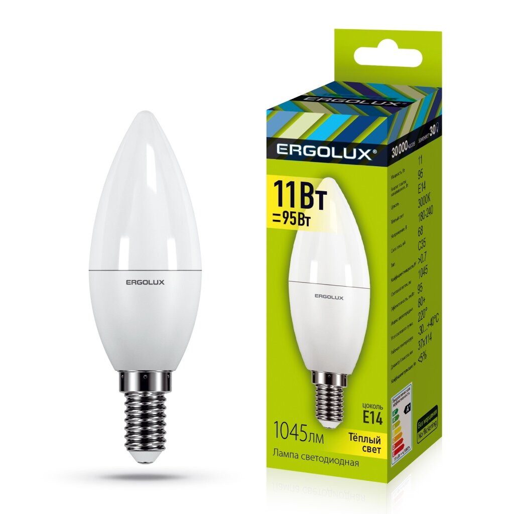 Лампа светодиодная E14, 11 Вт, 95 Вт, свеча, 3000 К, свет теплый белый, Ergolux паровая швабра kitfort кт 1045 белый