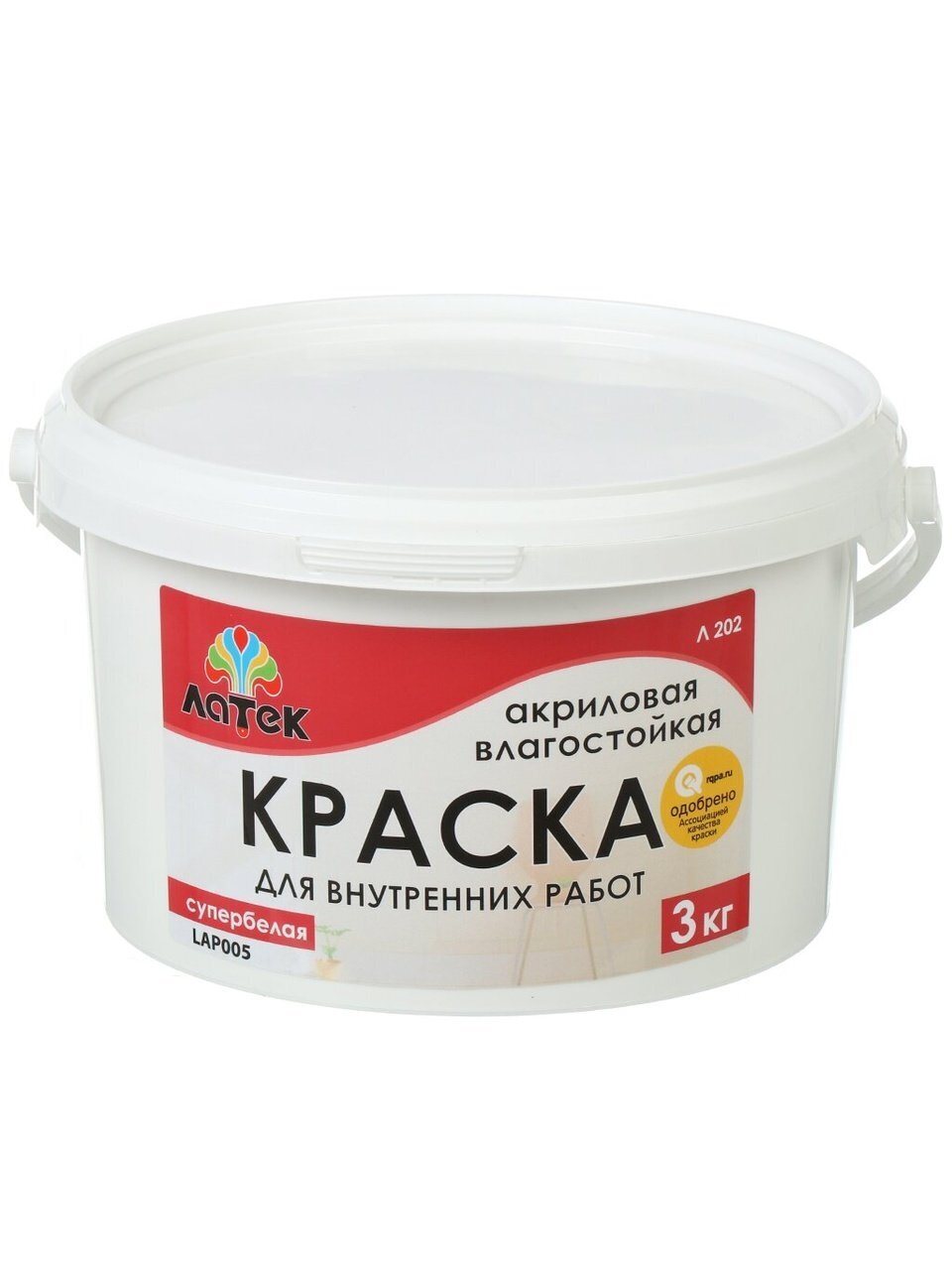 Краска водно-дисперсионная, Оптимист, Латек Л202, акриловая, влагостойкая, матовая, 3 кг