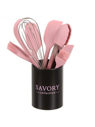 Набор кухонных принадлежностей 8 предметов, силикон, на подставке, Daniks, Savory, JA20206497, 2 лопатки, 2 ложки, 2 кисти, венчик, щипцы