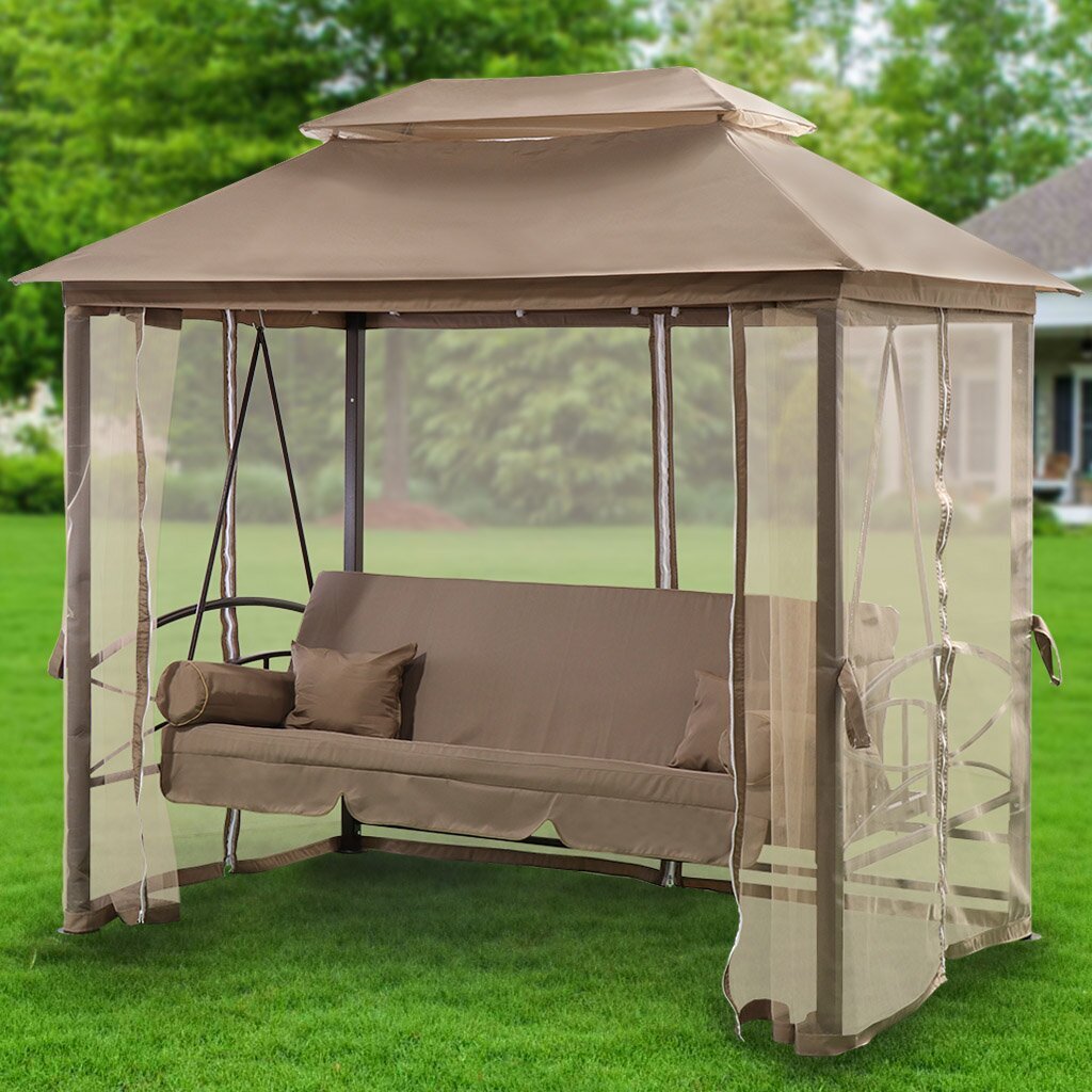 Качели садовые 3-местные, 252х170х245 см, 250 кг, Green Days, раскладываются в кровать, с москитной сеткой, светло-коричневые, подушка, YT8063-18-3905, двойная крыша, металл