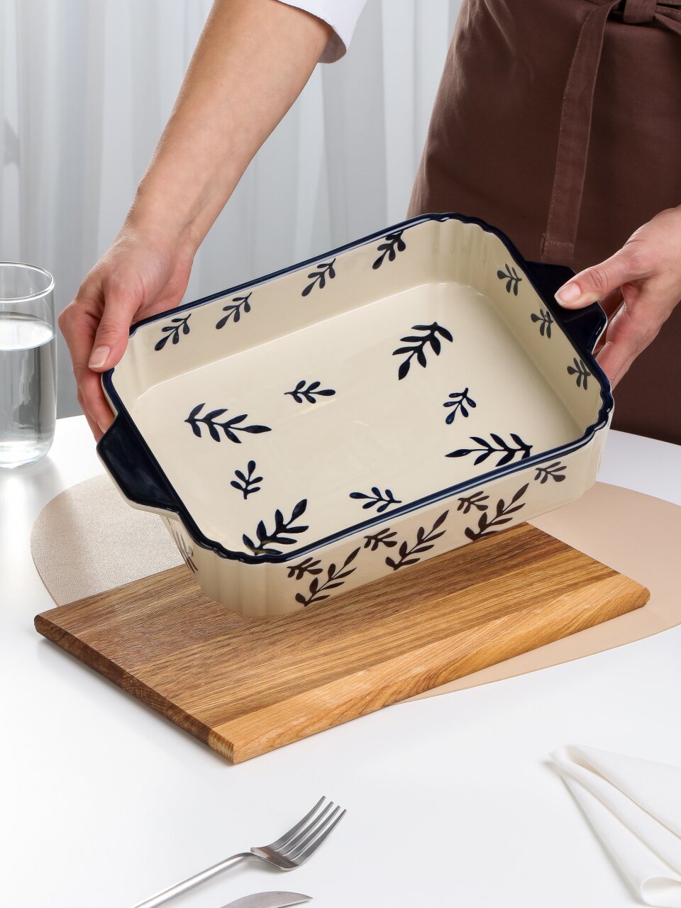 Форма для запекания керамика, 21.5х32х6 см, прямоугольная, Синее кружево, B010429