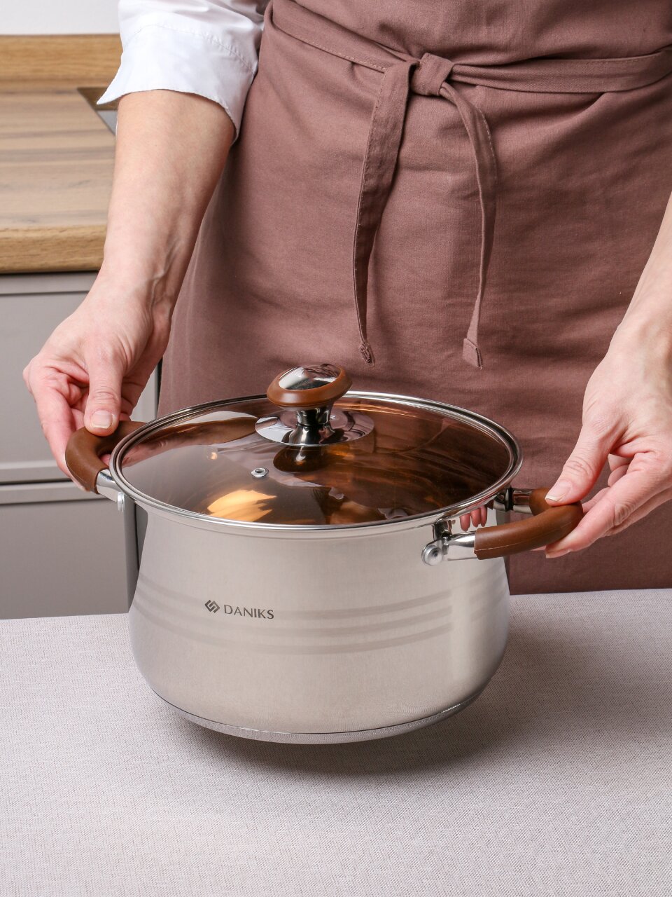 Кастрюля нержавеющая сталь, 5 л, крышка стекло, Daniks, Веллингтон, GS-01415-22CA, индукция