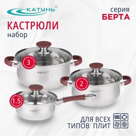 Набор посуды нержавеющая сталь, 6 предметов, кастрюли 2,3 л, ковш 1.5 л, индукция, Катунь, Берта, КТ15-В