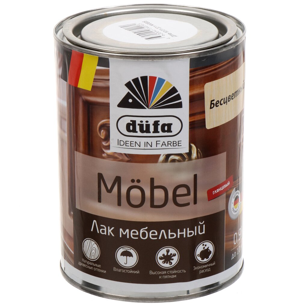 Лак Dufa, Mobel, МП00-005495, мебельный, глянцевый, бесцветный, для внутренних работ, 0.9 л