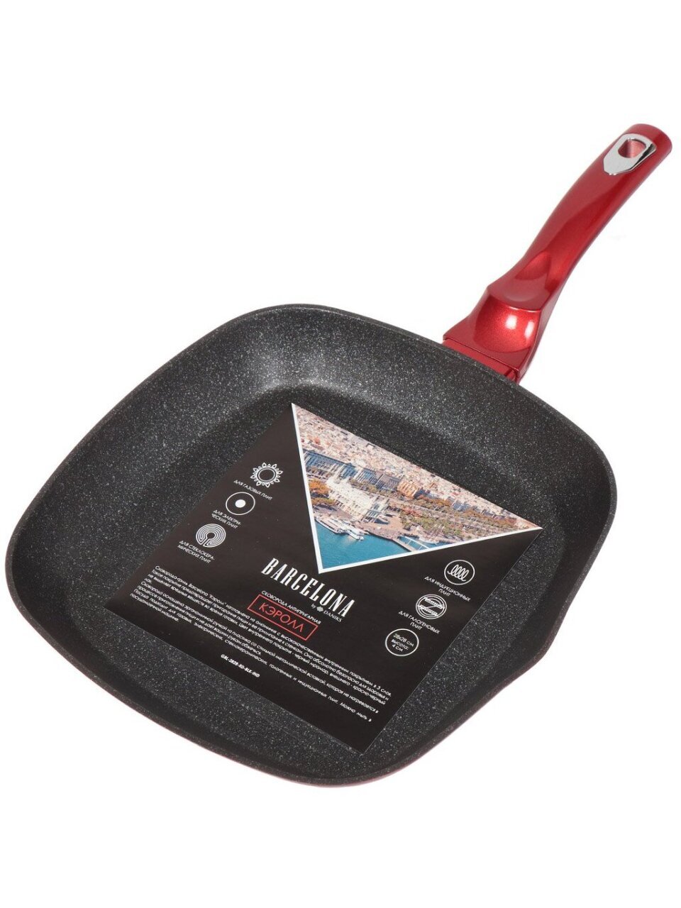 Сковорода-гриль алюминий, 28 см, антипригарное покрытие, Daniks, Barcelona Кэролл, индукция, GRL-2828-RD-BLK-IND