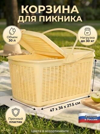 Корзина для пикника 47х36х27.5 см, с ручкой, в ассортименте