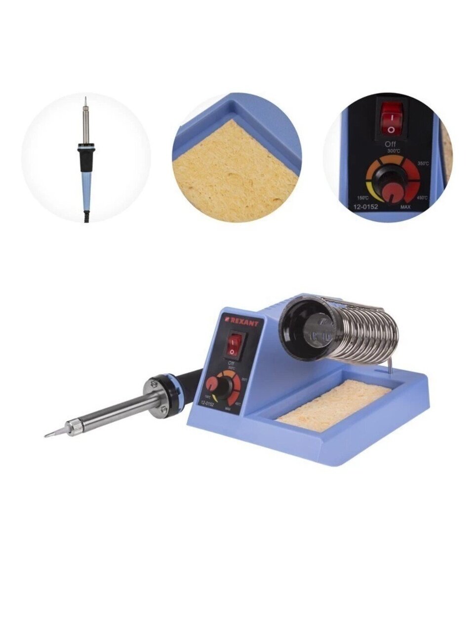Паяльная станция сетевая, 48 Вт, 230 В, рукоятка пластик, сменное жало, с подставкой, 160-480°C, Rexant, 12-0152