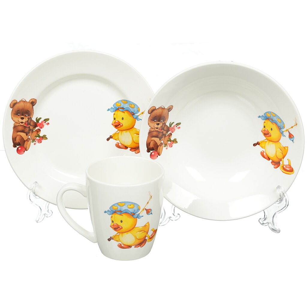 Набор детской посуды из керамики Кубаньфарфор Утенок-медвежонок 0839/8, 3 предмета (кружка, тарелка, салатник)