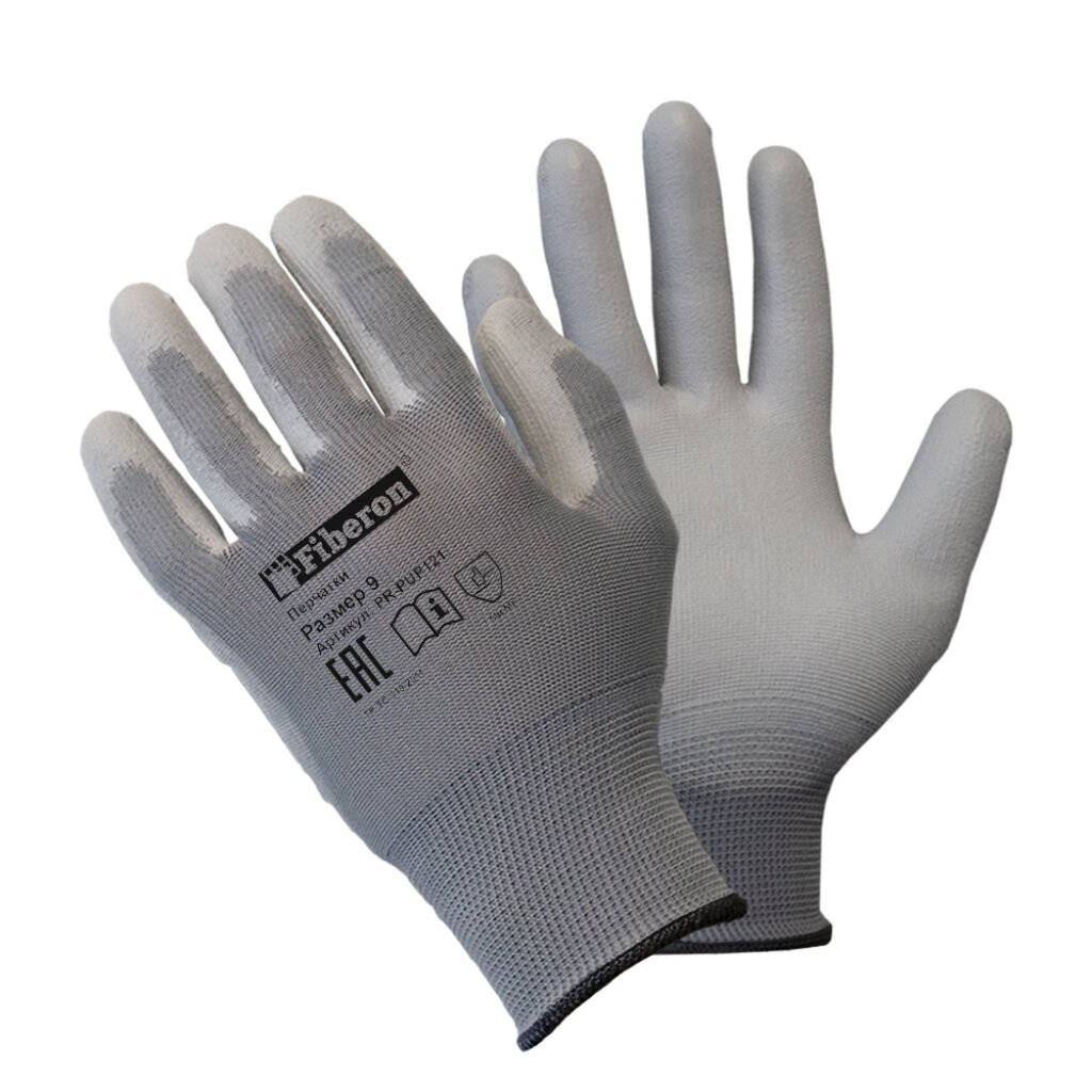Перчатки полиэстер, полиуретановый облив, 9 (L), серая основа, Fiberon перчатки кислотощелочестойкие латексный облив 10 xl защита до 70 80% тип 1