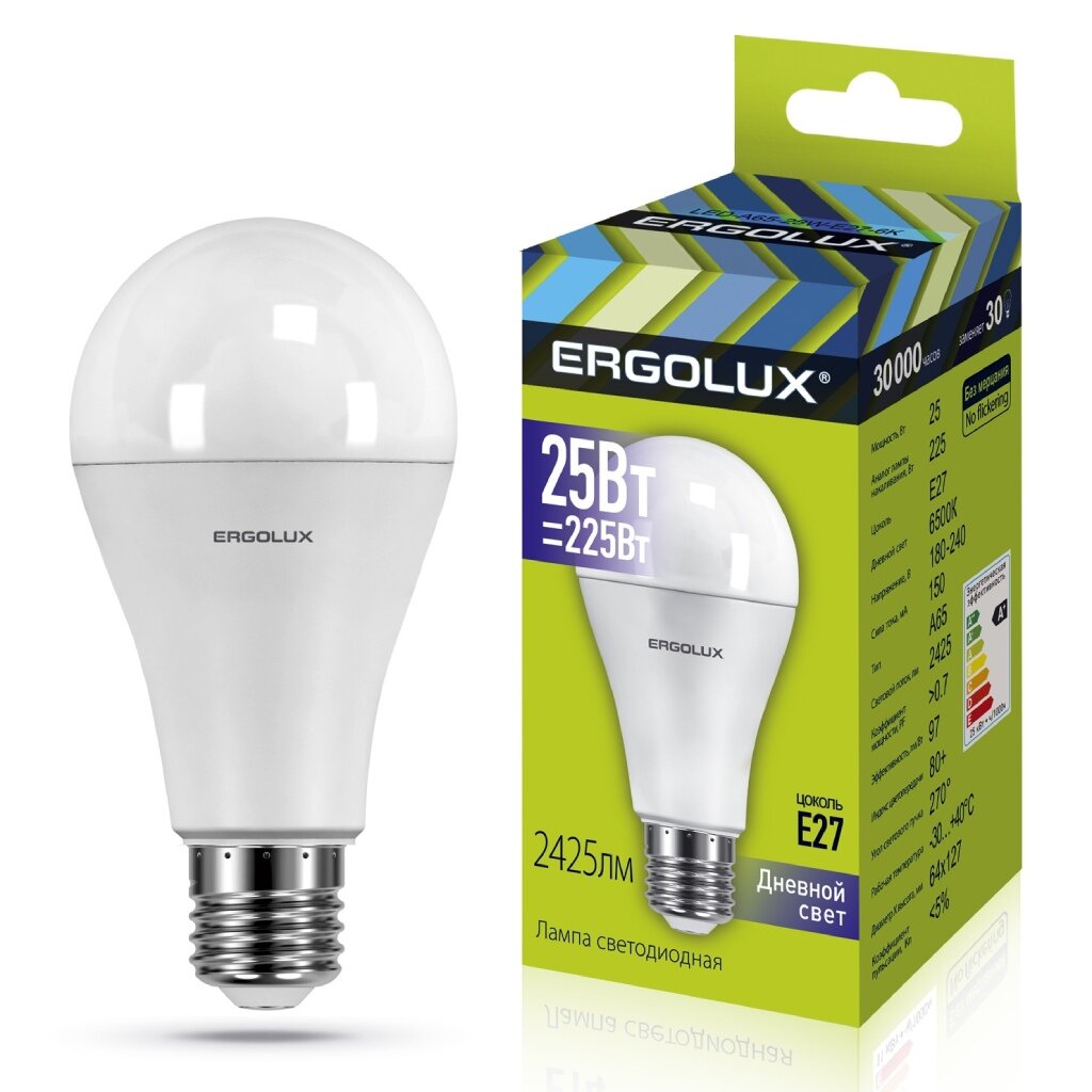 Лампа светодиодная E27, 25 Вт, 225 Вт, груша, 6500 К, свет дневной, Ergolux лампа светодиодная e27 10 вт 80 вт 220 в груша 4500 к свет холодный белый ergolux