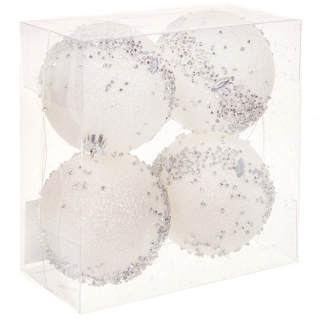 Елочный шар 4 шт, белый, 8 см, пластик, с серебрянным декором, SYKCQA-012045