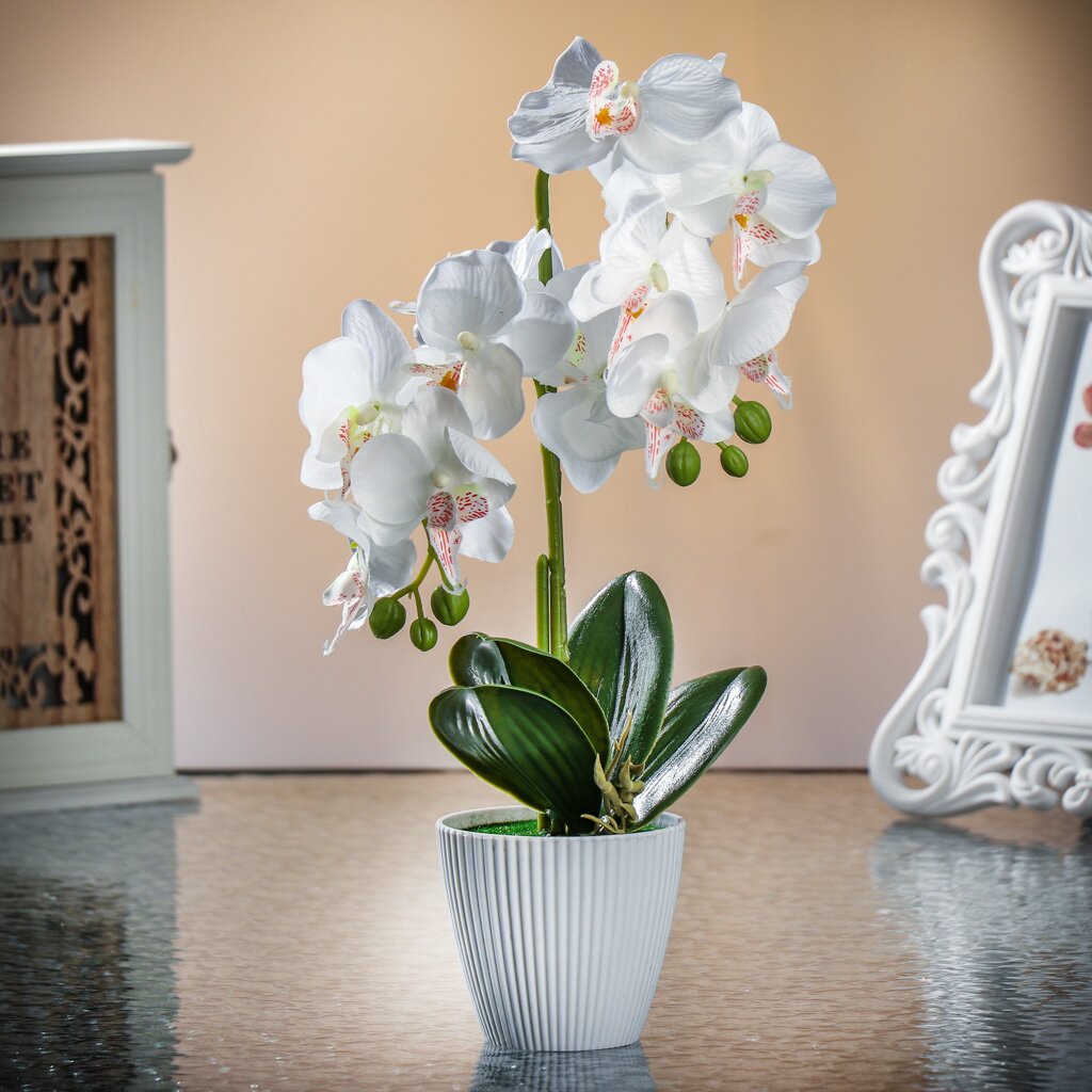 Цветок искусственный декоративный Орхидея в кашпо, 55 см, белый, Y4-7945 ок искусственный декоративный трава в кашпо 12х4 см y4 7900