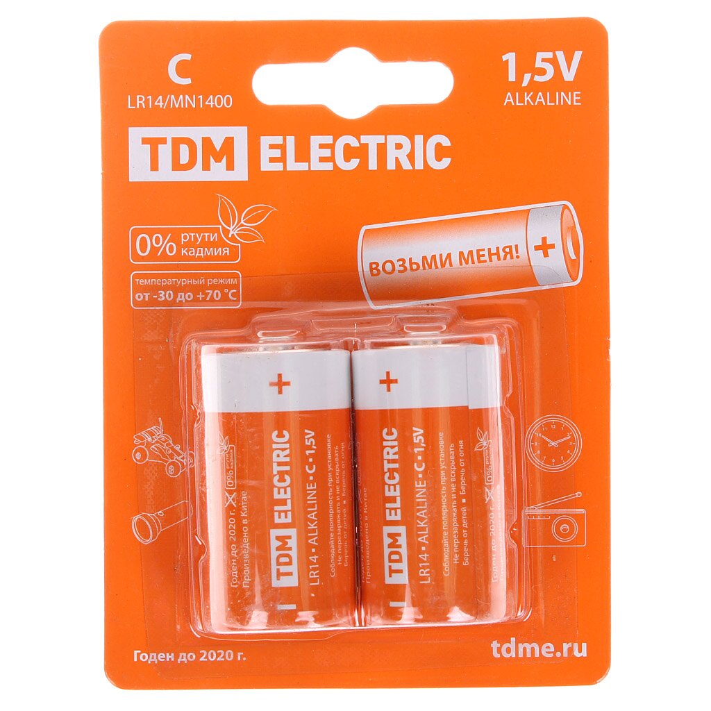 Батарейка TDM Electric, C (LR14), Alkaline, щелочная, 1.5 В, блистер, 2 шт, SQ1702-0011