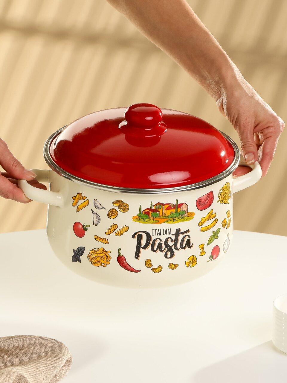 Кастрюля эмалированная сталь, 5.5 л, крышка сталь, коническая, Appetite, Pasta Italian, 1с47я, индукция