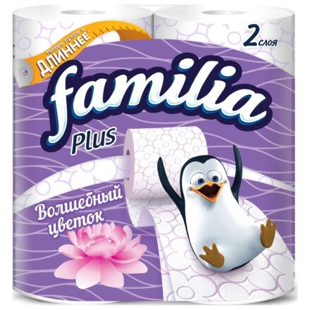 Туалетная бумага Familia, Plus Волшебный цветок, 2 слоя, 4 шт, 18.8 м, с втулкой