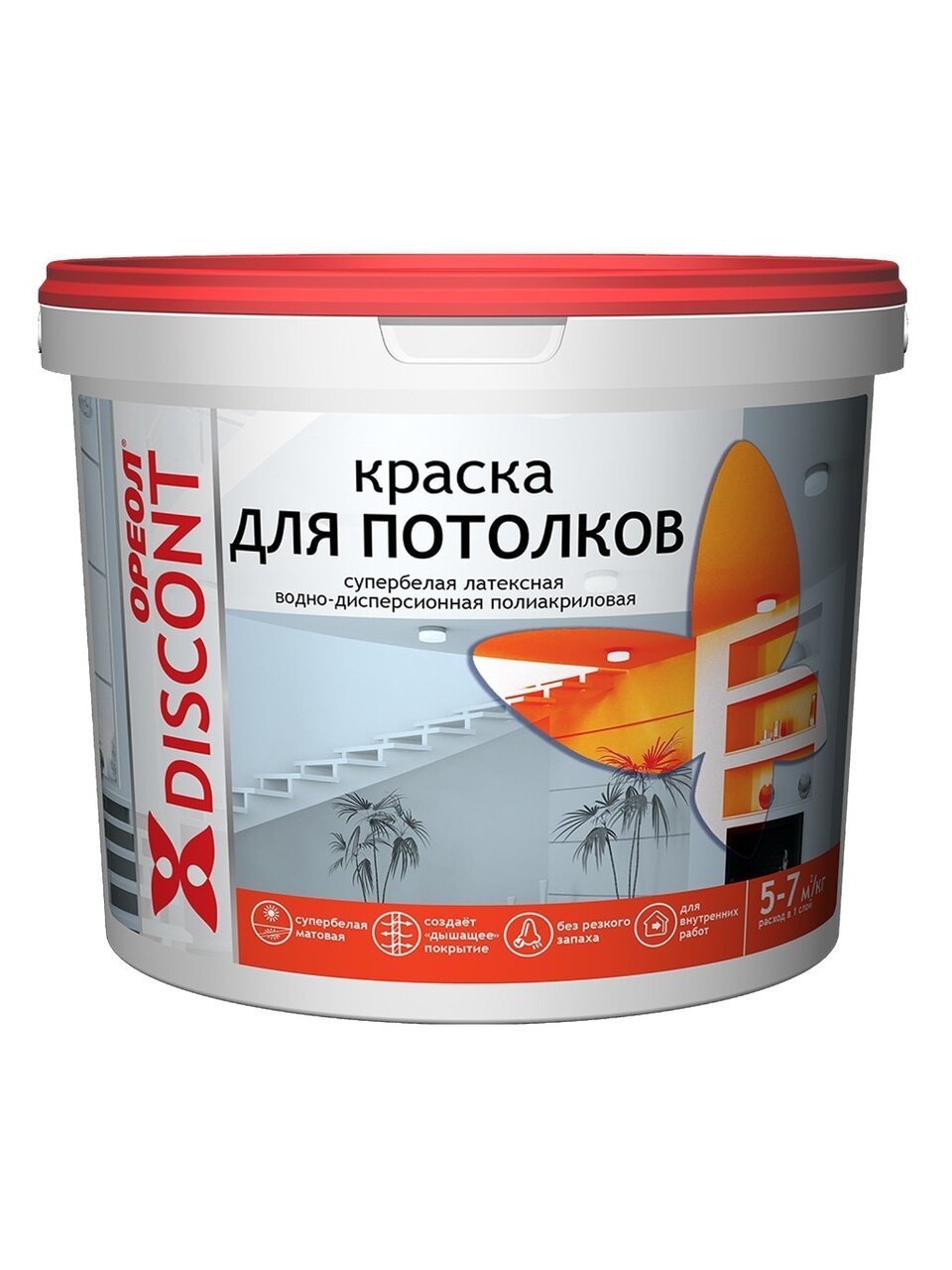 Краска водно-дисперсионная, Ореол, Дисконт, акриловая, для потолков, матовая, белоснежная, 13 кг