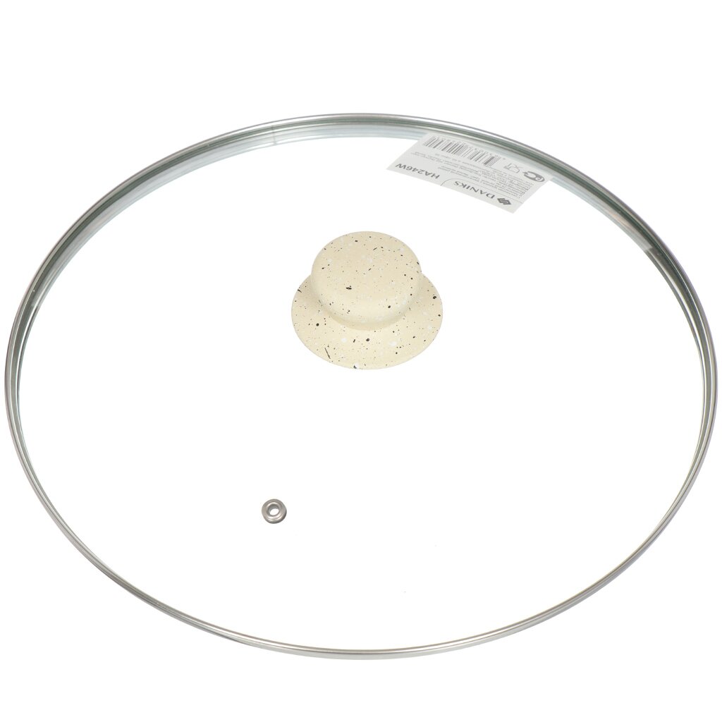 Крышка для посуды стекло, 28 см, Daniks, Белый мрамор, металлический обод, кнопка бакелит, HA246W