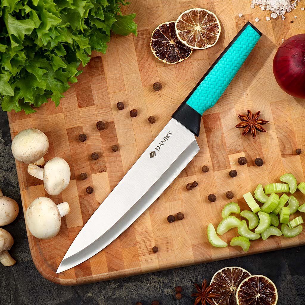 Нож кухонный Daniks, Emerald, шеф-нож, нержавеющая сталь, 20 см, рукоятка пластик, JA2021124-1 нож кухонный daniks verde для овощей нержавеющая сталь 9 см рукоятка пластик ja2021121 5