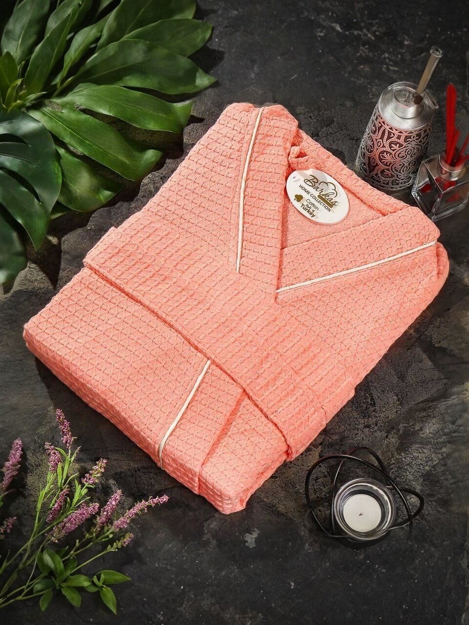 Халат женский, вафельный, 100% хлопок, пудровый персик, M-L, 46-48, Barkas