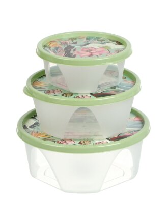 Набор контейнеров пищевых пластик, 0.4, 0.85, 1.4 л, 19х8 см, 3 шт, зеленый, круглый, Homver, Botanica, 222133318/08