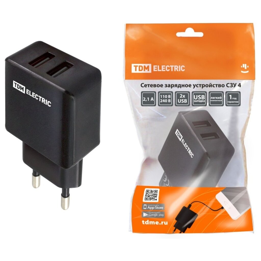 Зарядное устройство TDM Electric, СЗУ 4, 2 разъема, 2.1 А, черное, SQ1810-0021 сетевое зарядное устройство borofone ba49a usb 2 1 а кабель microusb 1 м чёрное
