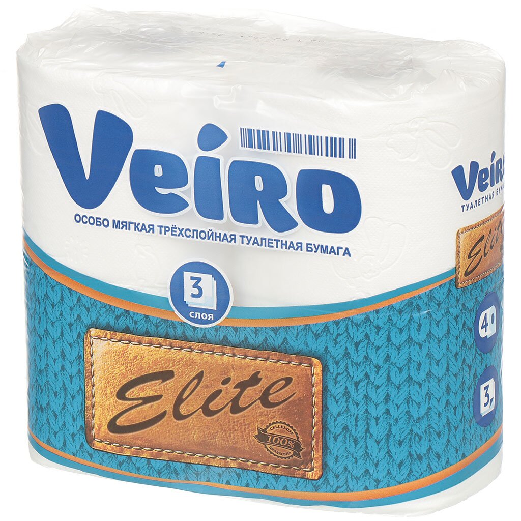 Туалетная бумага Veiro, Elite, 3 слоя, 4 шт, 19.4 м, с втулкой, белая туалетная бумага veiro домашняя 2 слоя 12 шт 15 м с втулкой белая