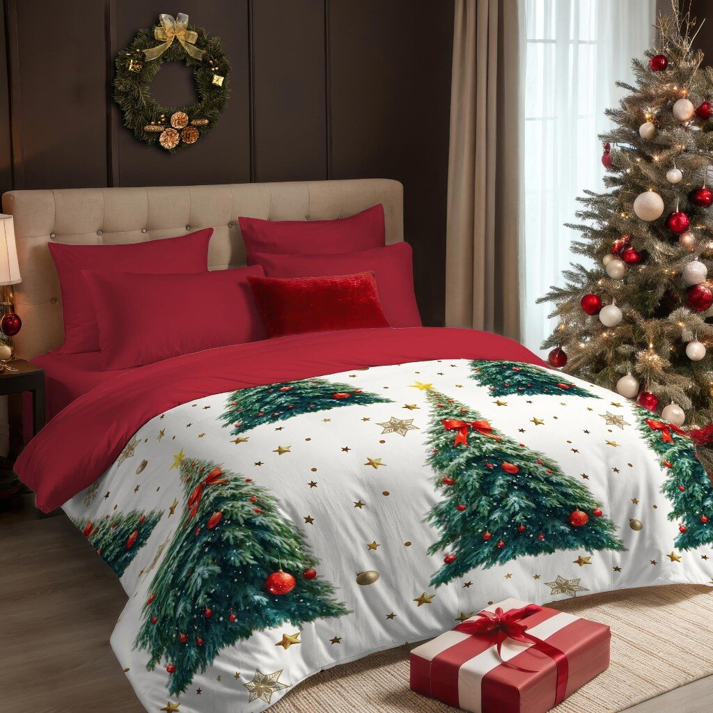 Постельное белье 2-сп, пр220х240, 2н50х70, п175х220, Mcotton, м-сат, Новогодняя ель