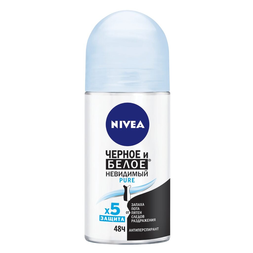 Дезодорант Nivea, Невидимая защита для черного и белого Clear, для женщин, ролик, 50 мл дезодорант rexona crystal clear aqua без белых следов для женщин ролик 50 мл