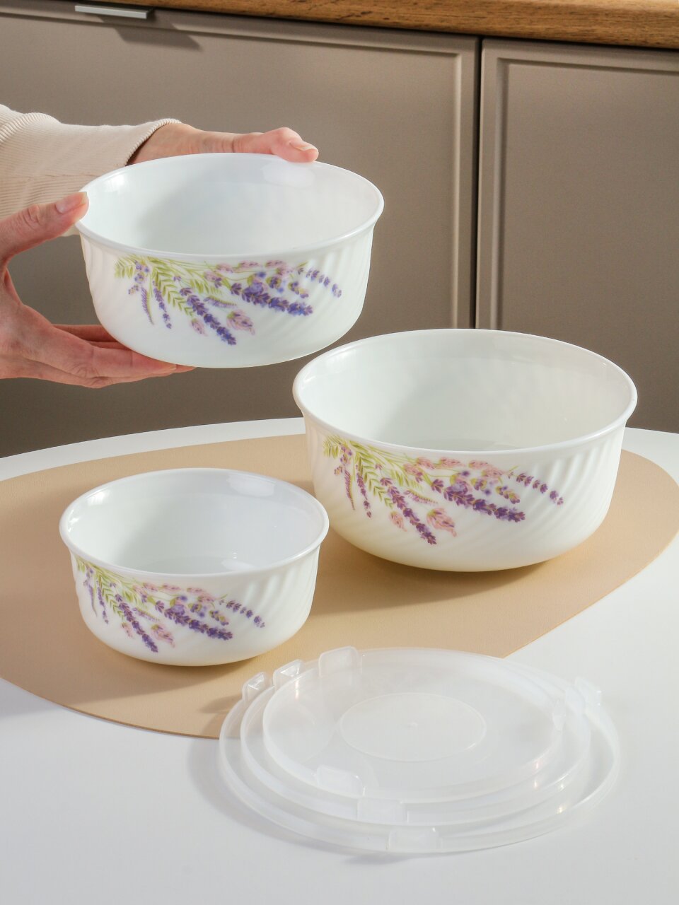 Салатник стеклокерамика, круглый, 3 шт, 9 см, 14, 16, 19 см, 0.5, 0.8, 1.4 л, с крышкой, Лаванда, Daniks, HDW3T-P
