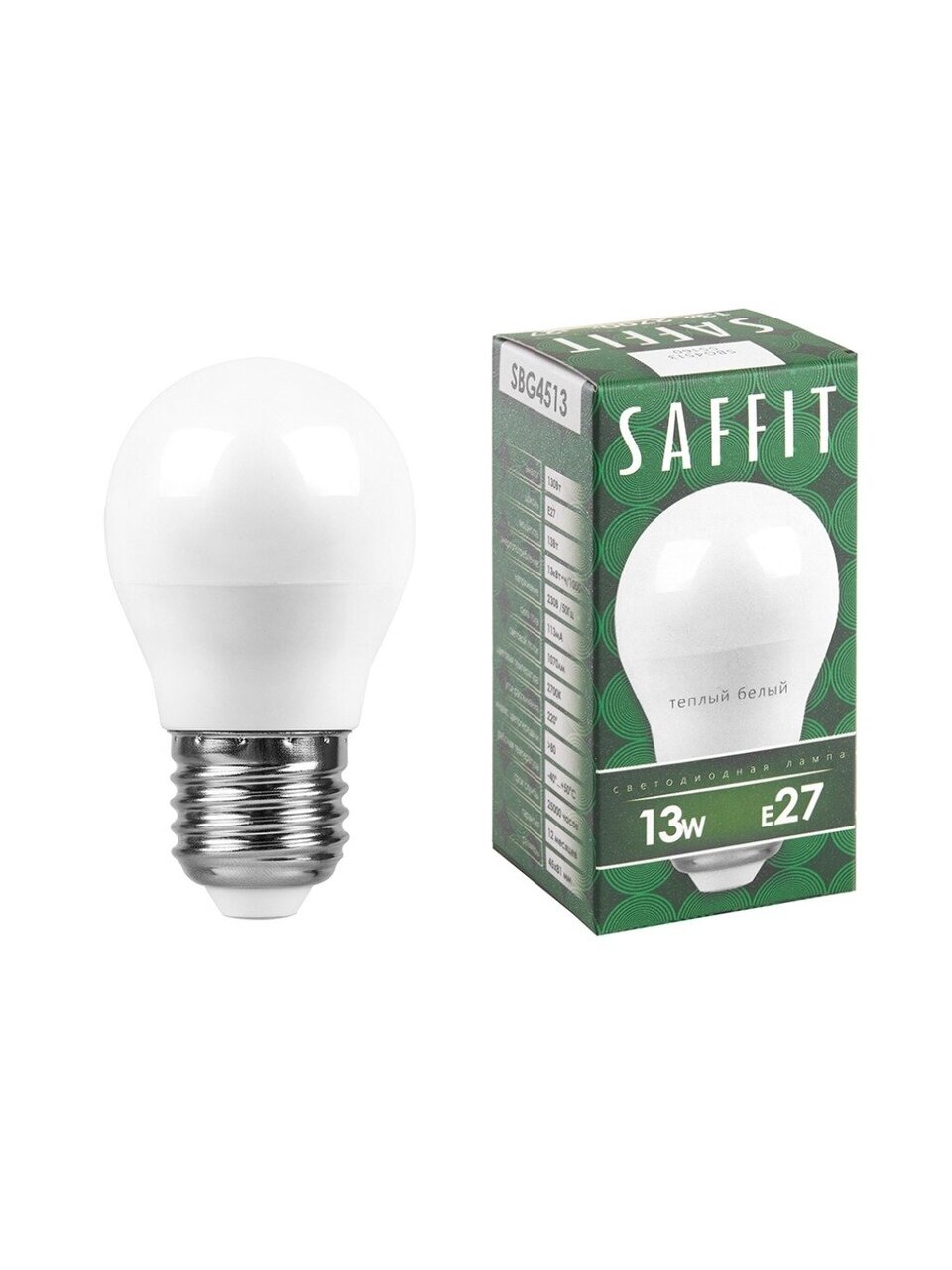 Лампа светодиодная E27, 13 Вт, 130 Вт, 230 В, шар, 2700 К, теплый белый свет, Saffit, SBG4513, G45, 55160