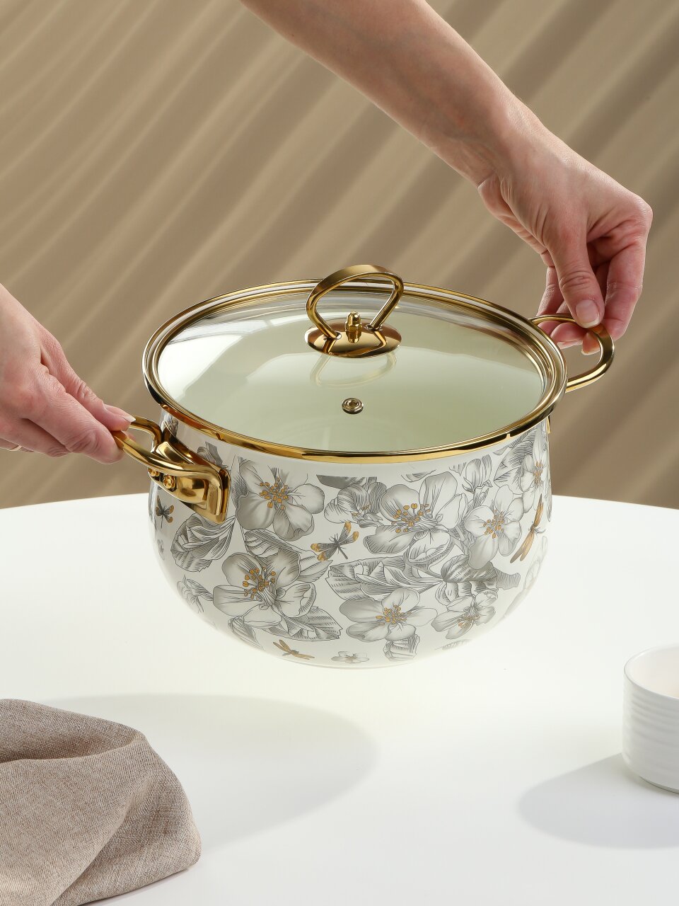 Кастрюля эмалированная сталь, 4 л, крышка стекло, Daniks, Цветущий сад, индукция