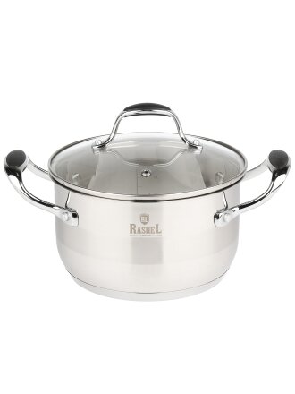 Кастрюля нержавеющая сталь, 2.6 л, крышка стекло, RasheL, R-26-18, серая, индукция