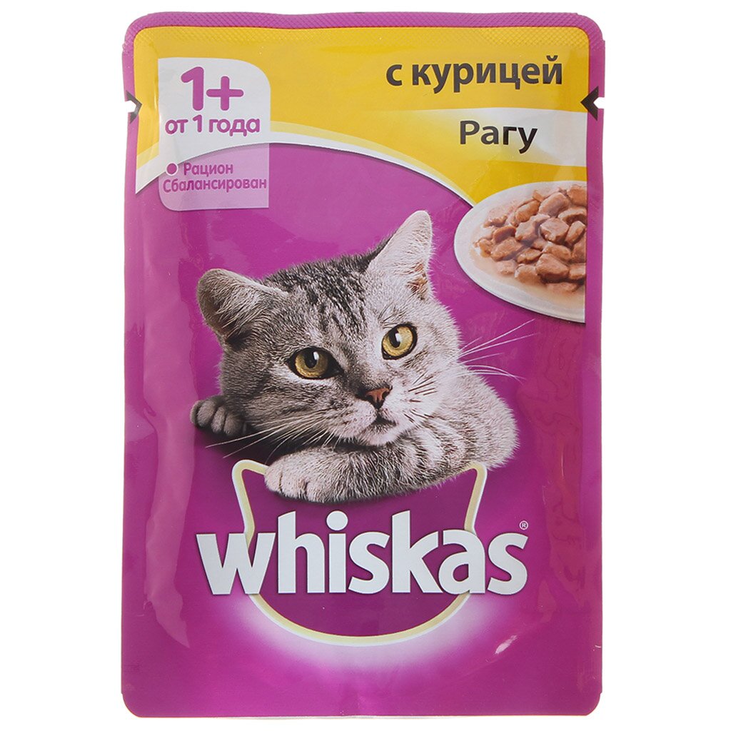 Корм для животных Whiskas, 85 г, для взрослых кошек 1+, рагу, курица, пауч, 7726