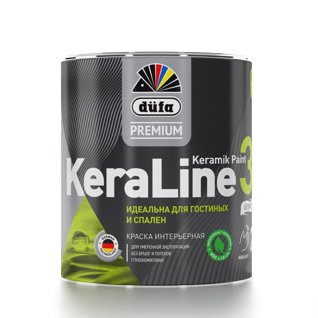 Краска воднодисперсионная, Dufa Premium, KeraLine 3 База1, акриловая, универсальная, моющаяся, влагостойкая, матовая, 2.5 л