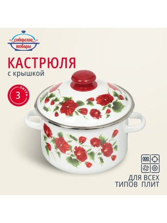 Кастрюля эмалированная сталь, 3 л, крышка сталь, цилиндрическая, Сибирские товары, Рамо, 3MD181M, индукция