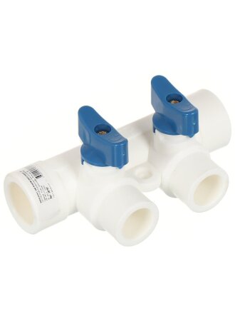 Коллектор полипропилен, 25х20 мм, 2 выхода, с кранами, белый, РосТурПласт