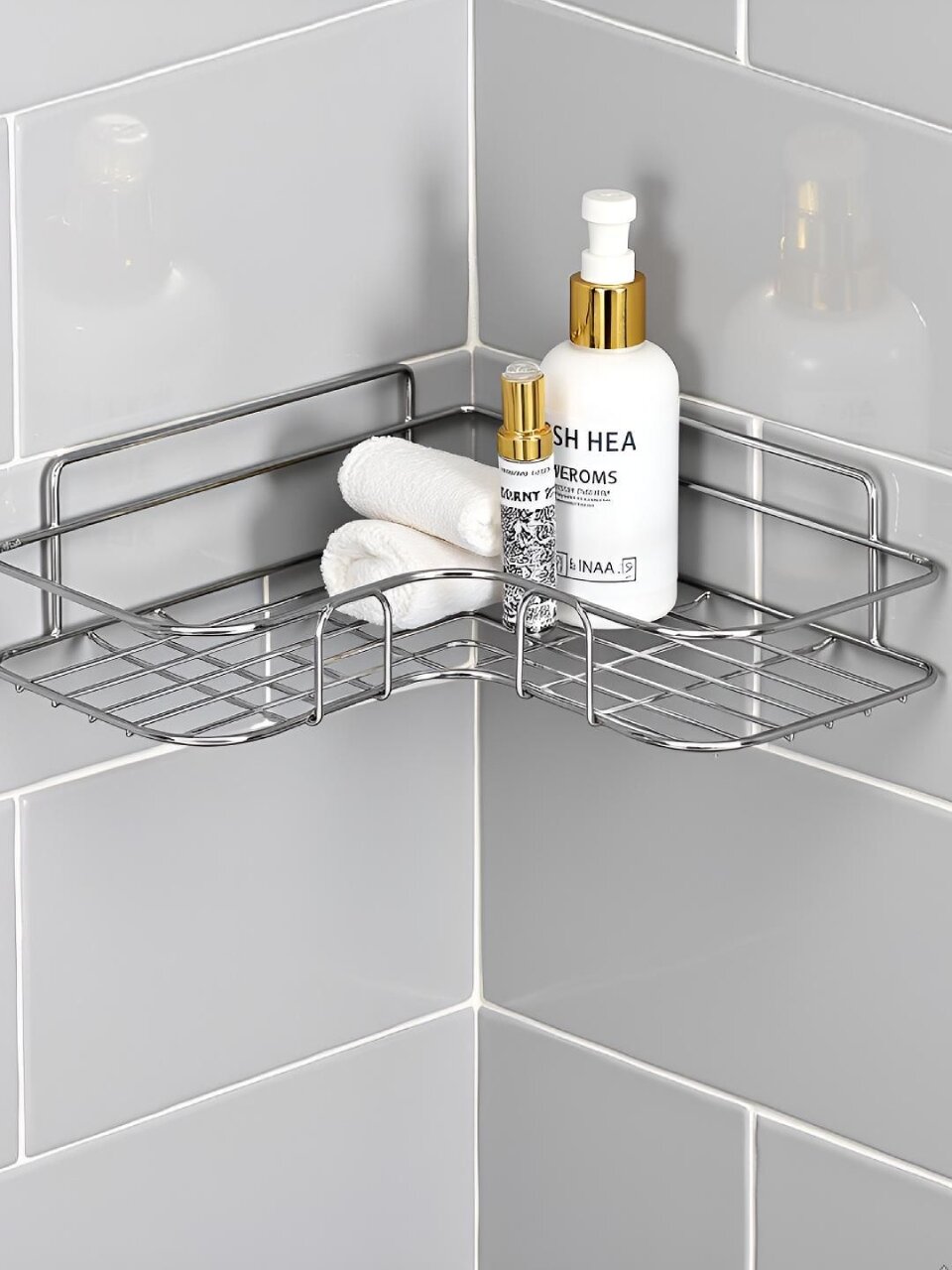 Полка для ванной металл, настенная, угловая, 26х26х5 см, силиконовое крепление, хром, T2022-HT023