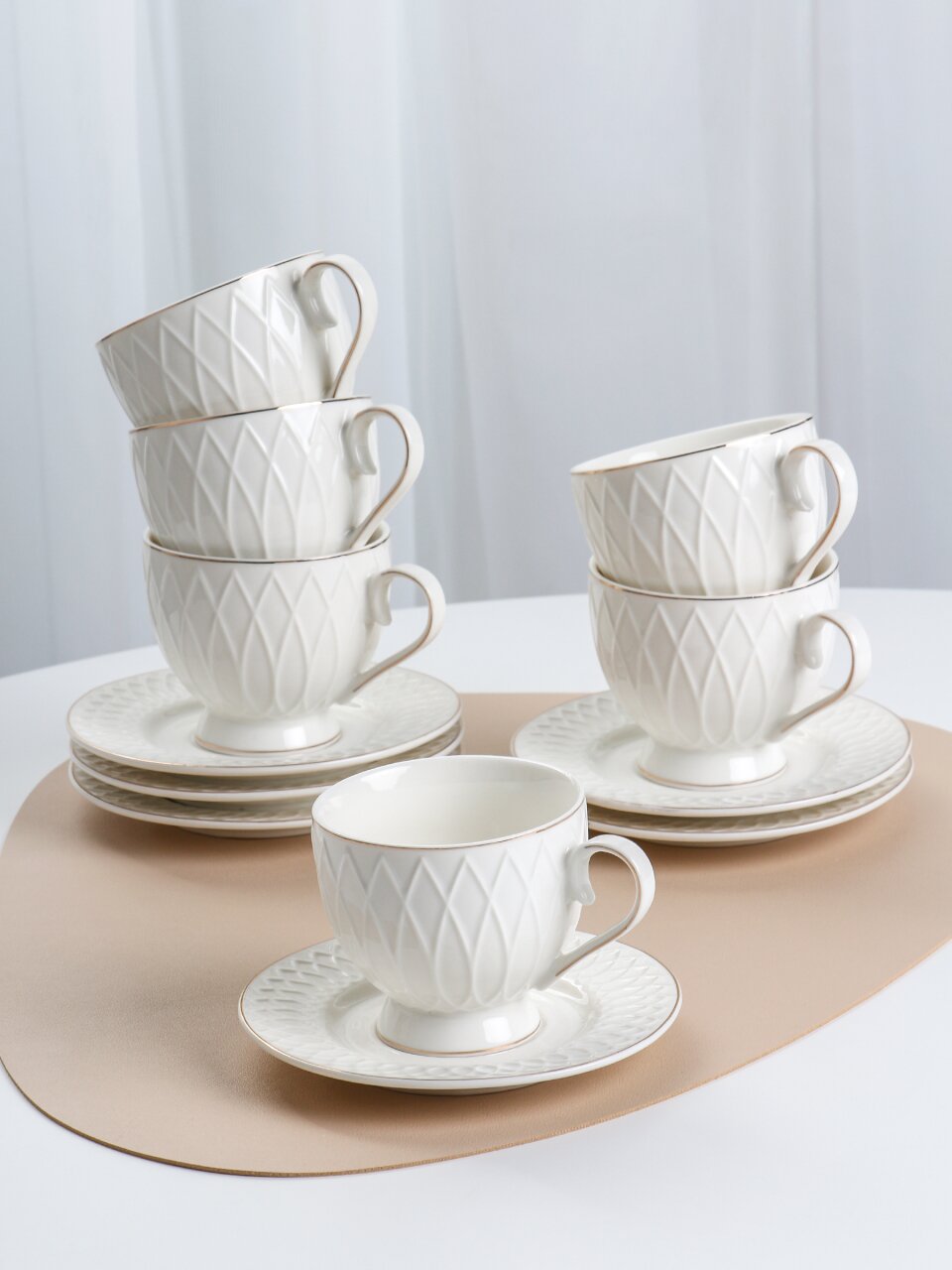 Набор чайный фарфор, 12 предметов, на 6 персон, 230 мл, белый, ТМ Глория, Bonjart, 202508, подарочная упаковка