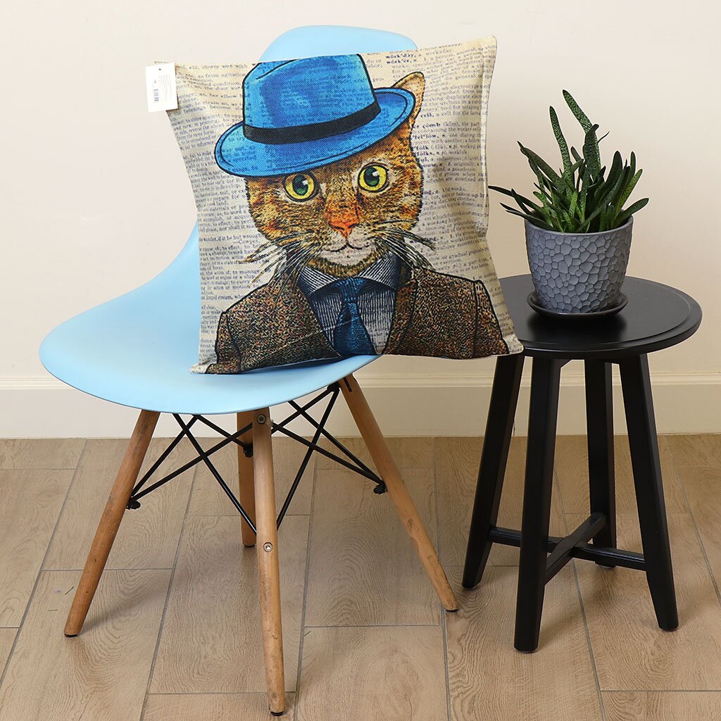 Наволочка декоративная Котик в шляпе, 100% лен, 43 х 43 см, 10333315
