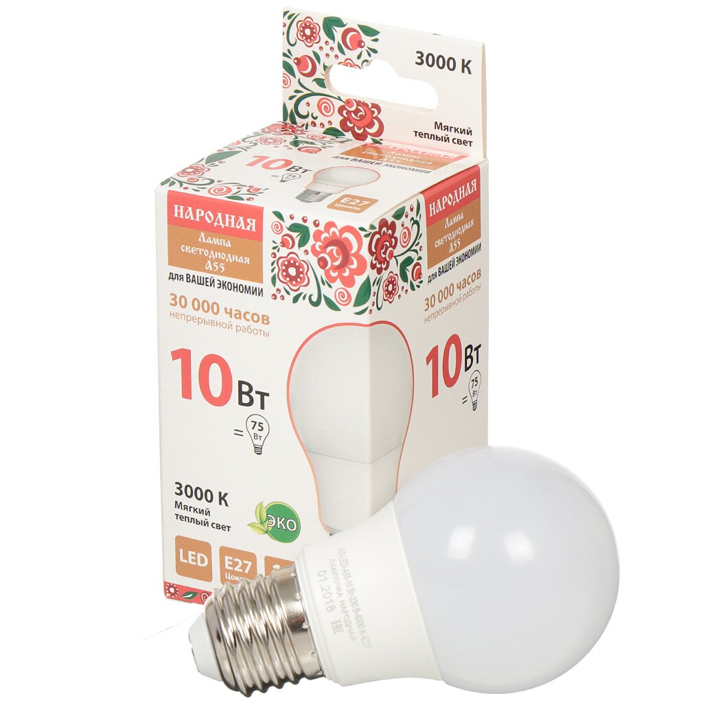 Лампа светодиодная E27, 10 Вт, 75 Вт, груша, 3000 К, свет теплый белый, TDM Electric, Народная