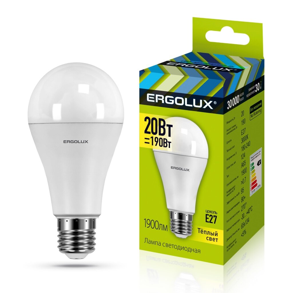 Лампа светодиодная E27, 20 Вт, 190 Вт, 220 В, груша, 3000 К, свет теплый белый, Ergolux лампа светодиодная e14 7 вт 60 вт 220 в свеча 3000 к свет теплый белый ergolux
