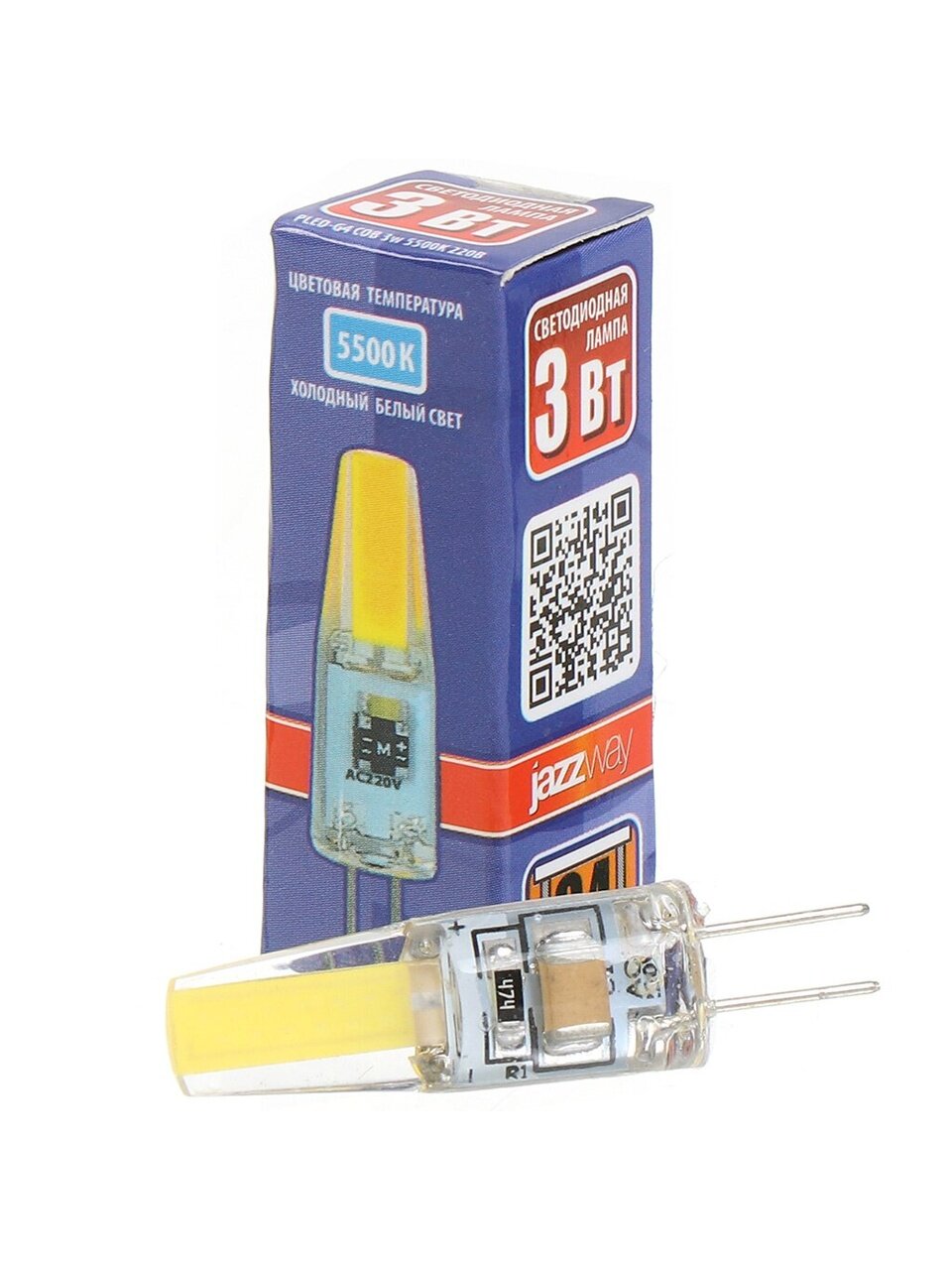 Лампа светодиодная G4, 3 Вт, 20 Вт, 220 В, 5500 К, холодный белый свет, JazzWay, PLED-G4 COB, силикон, d11х38мм, 2857477
