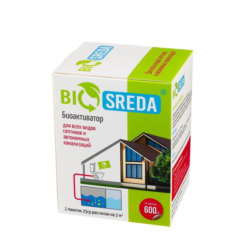 Биоактиватор для септиков и автономных канализаций, Biosreda, 600 г, 24 пакетика, 4610069880015