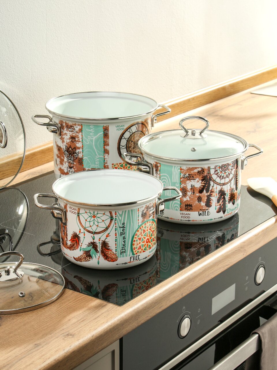 Набор посуды эмалированная сталь, 6 предметов, 1.9, 2.5, 5 л, индукция, Керченский металлургический завод, Бохо-5-1-Элит, белый