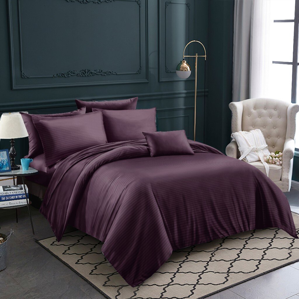 Постельное белье евро, простыня 220х240 см, 2 наволочки 70х70 см, пододеяльник 200х220 см, Майская ночь, страйп-полисатин, фиолетовое, 30/007-PSS/MAY