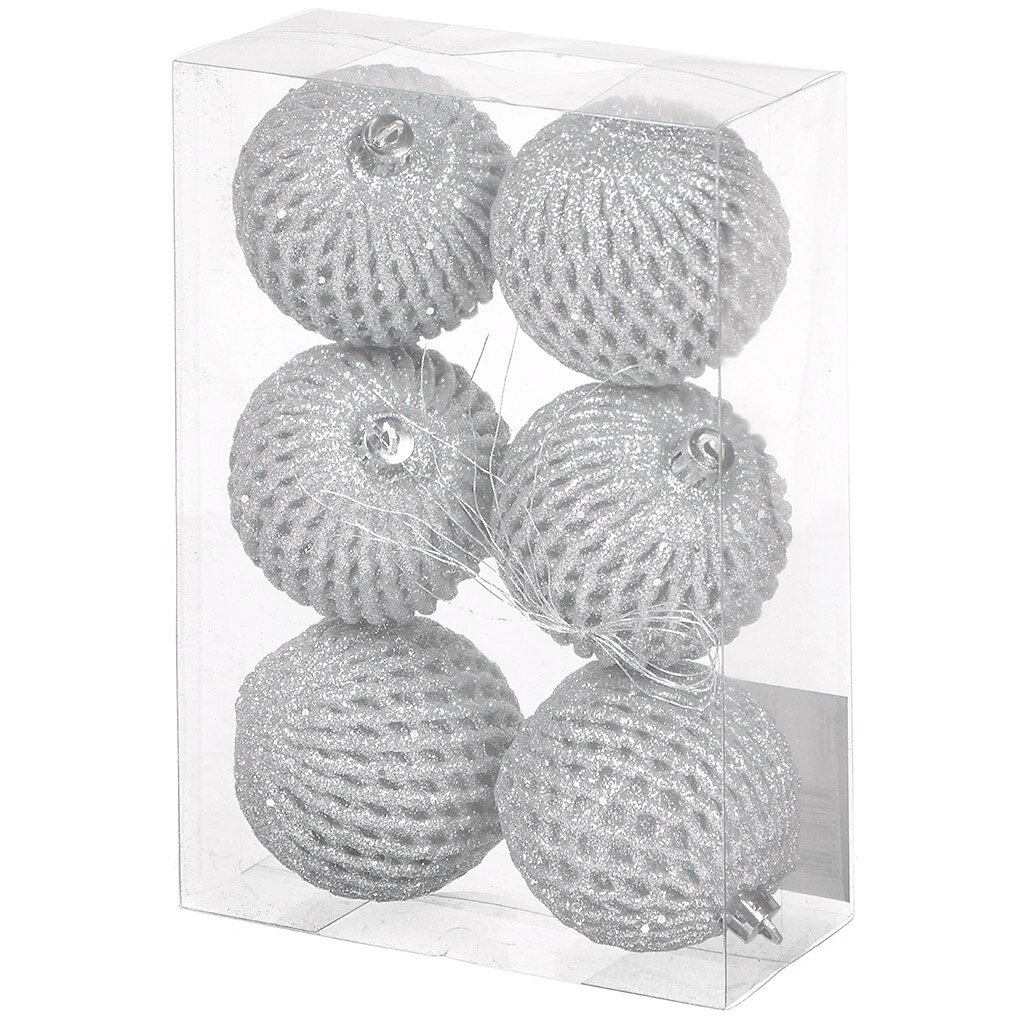 Елочный шар Фактурный, 6 шт, серебро, 7 см, пластик, SYQD-012327