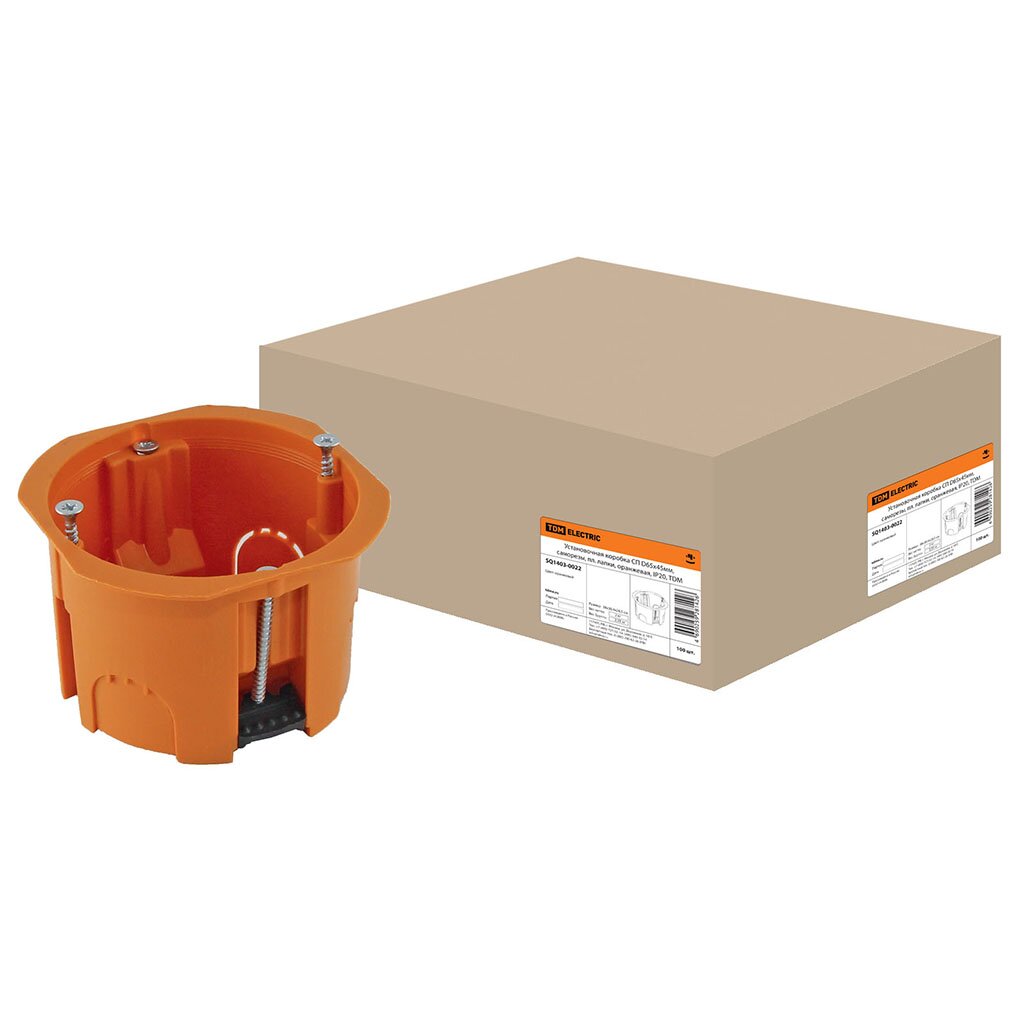 Коробка установочная, пластик, скрытая, диаметр 65х45 мм, TDM Electric, для гипсокартона, с саморезами, пластиковые лапки, оранжевая, IP20, SQ1403-0022